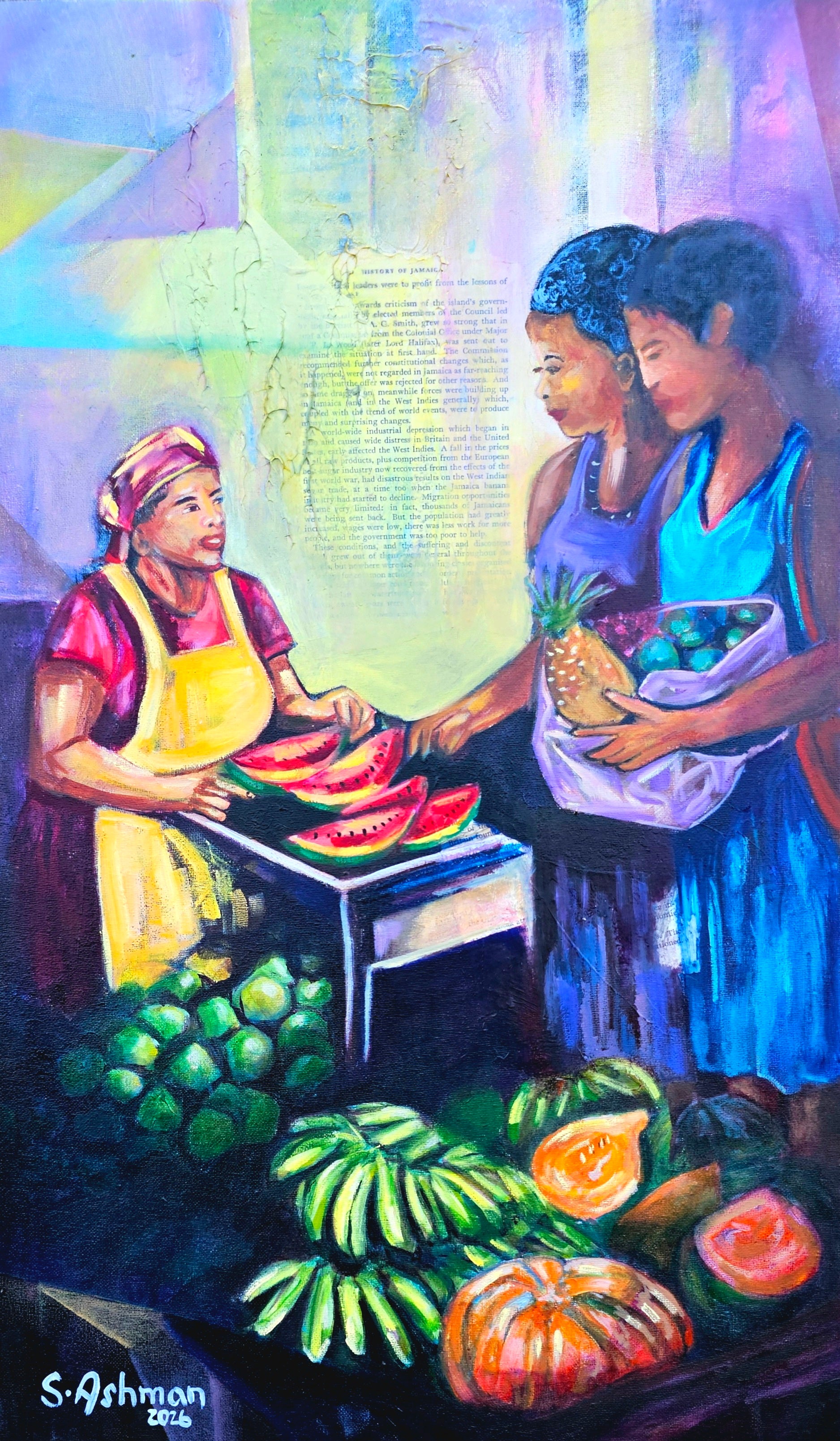 Vibrant impressionistic painting of a Caribbean roadside vendor selling watermelons and tropical fruits, featuring bold greens, reds, and yellows under a bright sun.