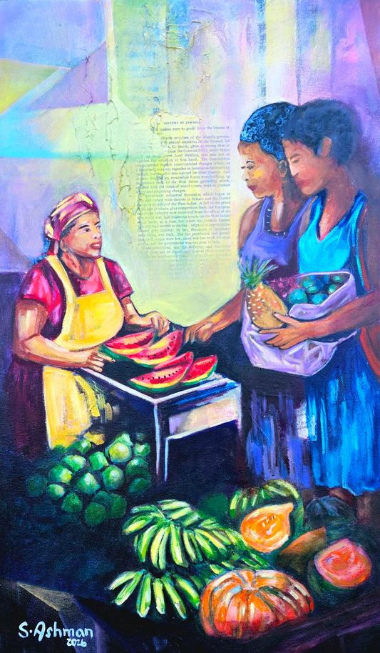 Vibrant impressionistic painting of a Caribbean roadside vendor selling watermelons and tropical fruits, featuring bold greens, reds, and yellows under a bright sun.