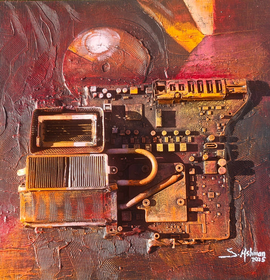 Abstract artwork with metallic elements and textures