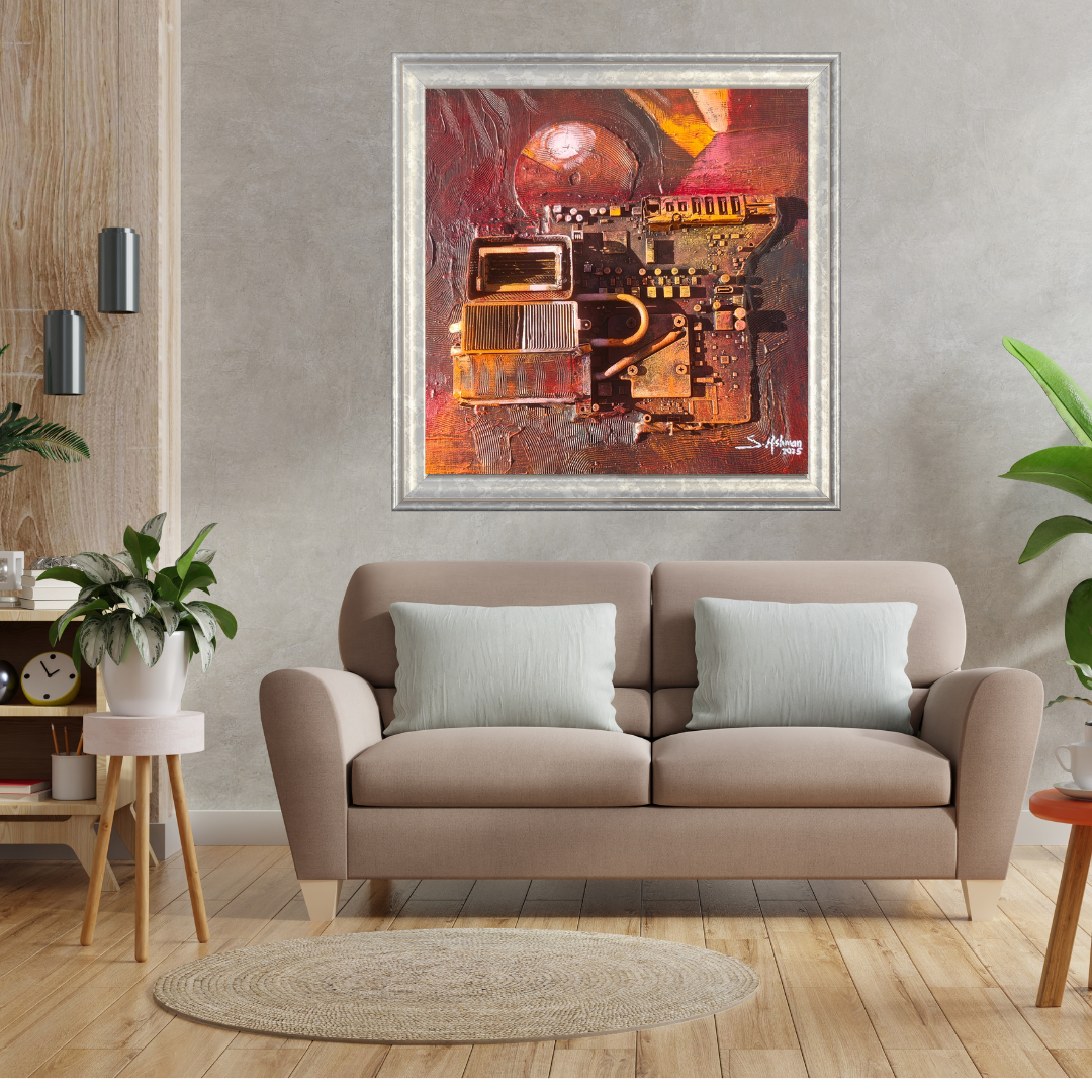 Living room with a beige sofa, abstract painting on the wall, and decorative items.