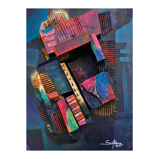 against the grain-Abstract Angles by shawn ashman made from pieces of wood.  It glows in the dark