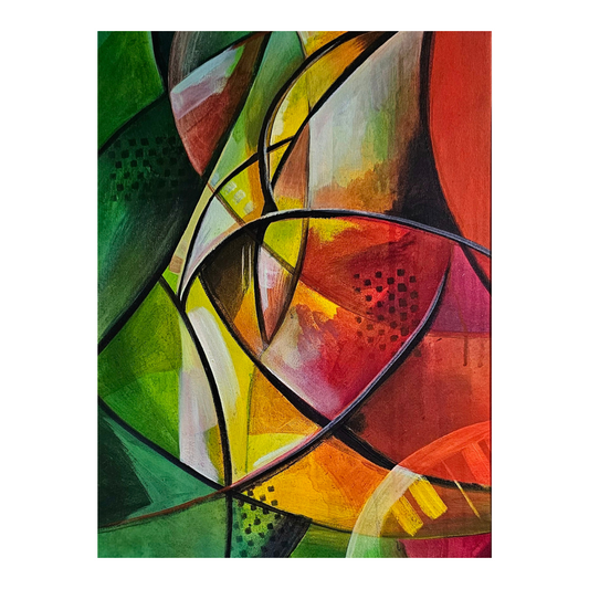 againstthegrain-OfftheCut, abstract painting with red, green and yellow