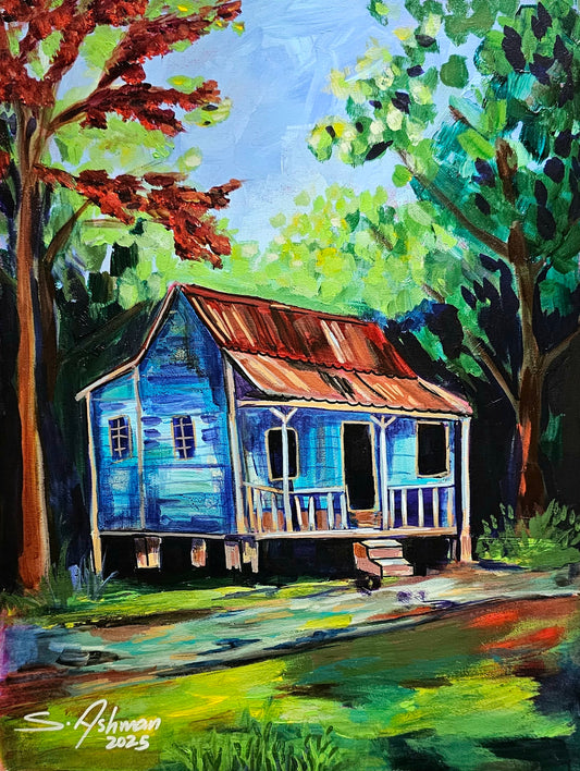 "Di House" is a heartfelt, nostalgic piece that portrays your childhood home—an old house filled with memory, meaning, and quiet magic. Weathered wood, sun-washed walls, and timeworn textures whisper stories of laughter, struggle, Sunday dinners, and barefoot freedom.

It’s not just a building—it’s a living archive of who you were, and the roots that still hold you strong. This piece is a tribute to where it all began.

"Di House" nuh fancy, but it build mi soul.